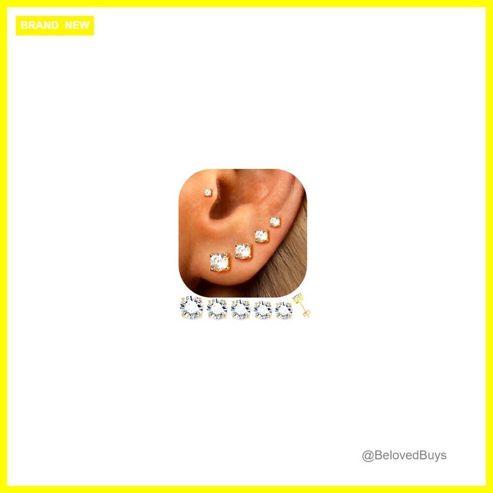5 Pairs 14K Gold Plated Stud Earrings, Hypoallergenic Cubic Zirconia Set